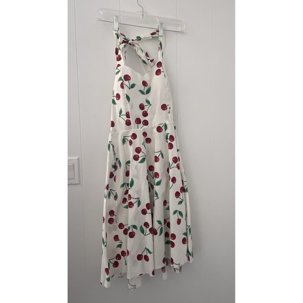 Sara USA Cherry Print Halter Dress Small Smocked Back Rockabilly Pin Up Retro